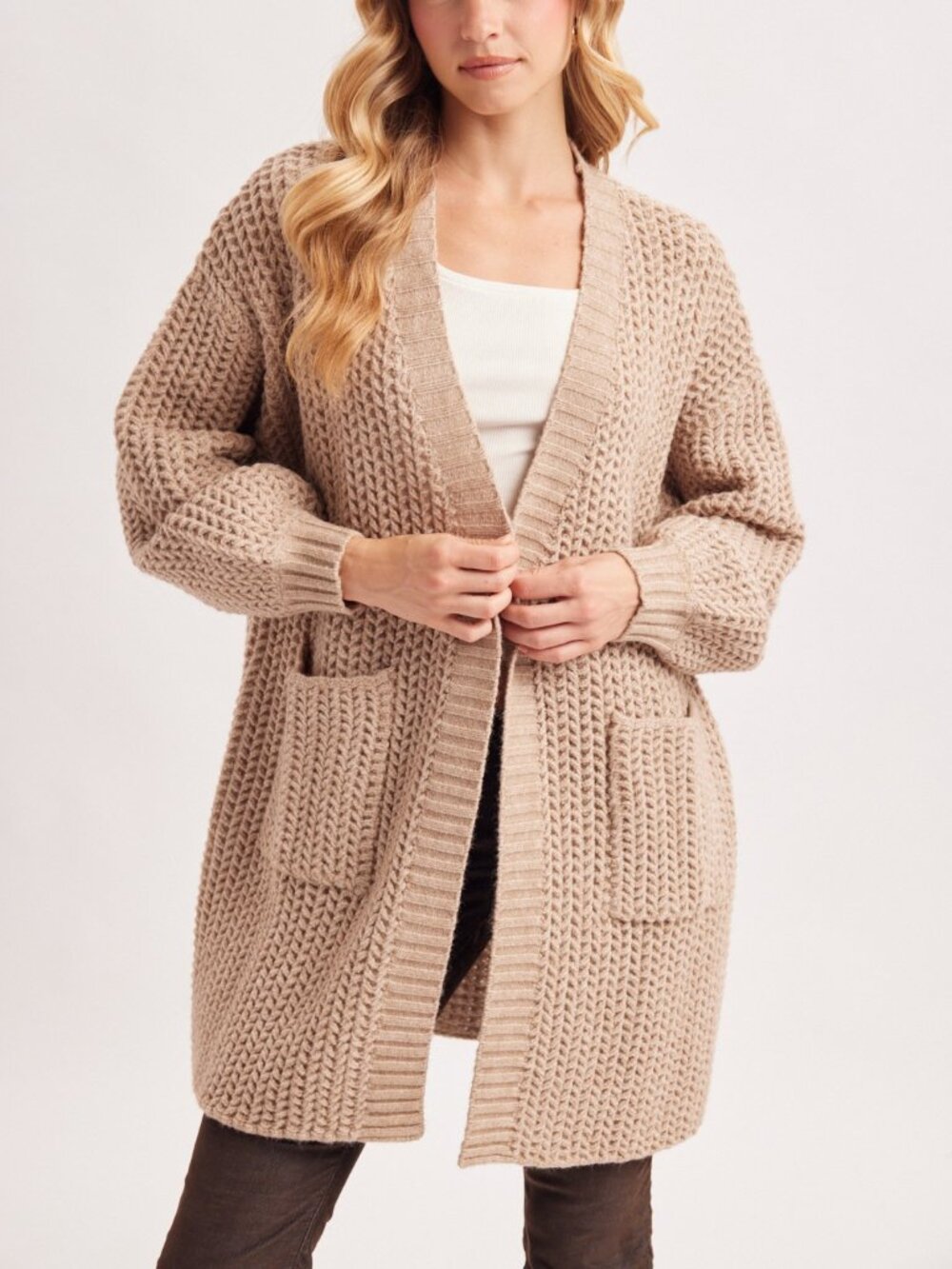 Open-front Waffle Chunky Knit Cardigan - Picture 3 of 12